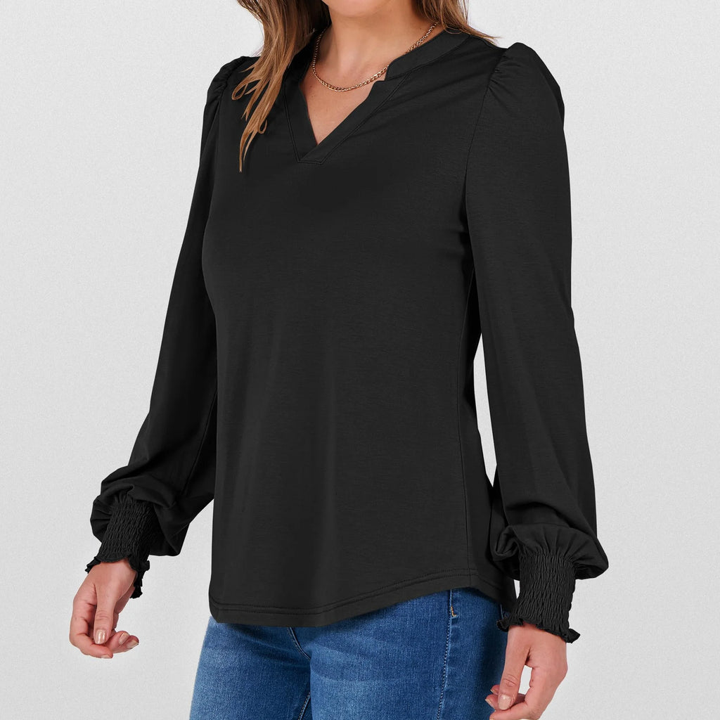 Womens Tops Fall Long Sleeve Shirts Business Casual V Neck Loose T-Shirts Dressy Work Tops with Smocked Cuffs