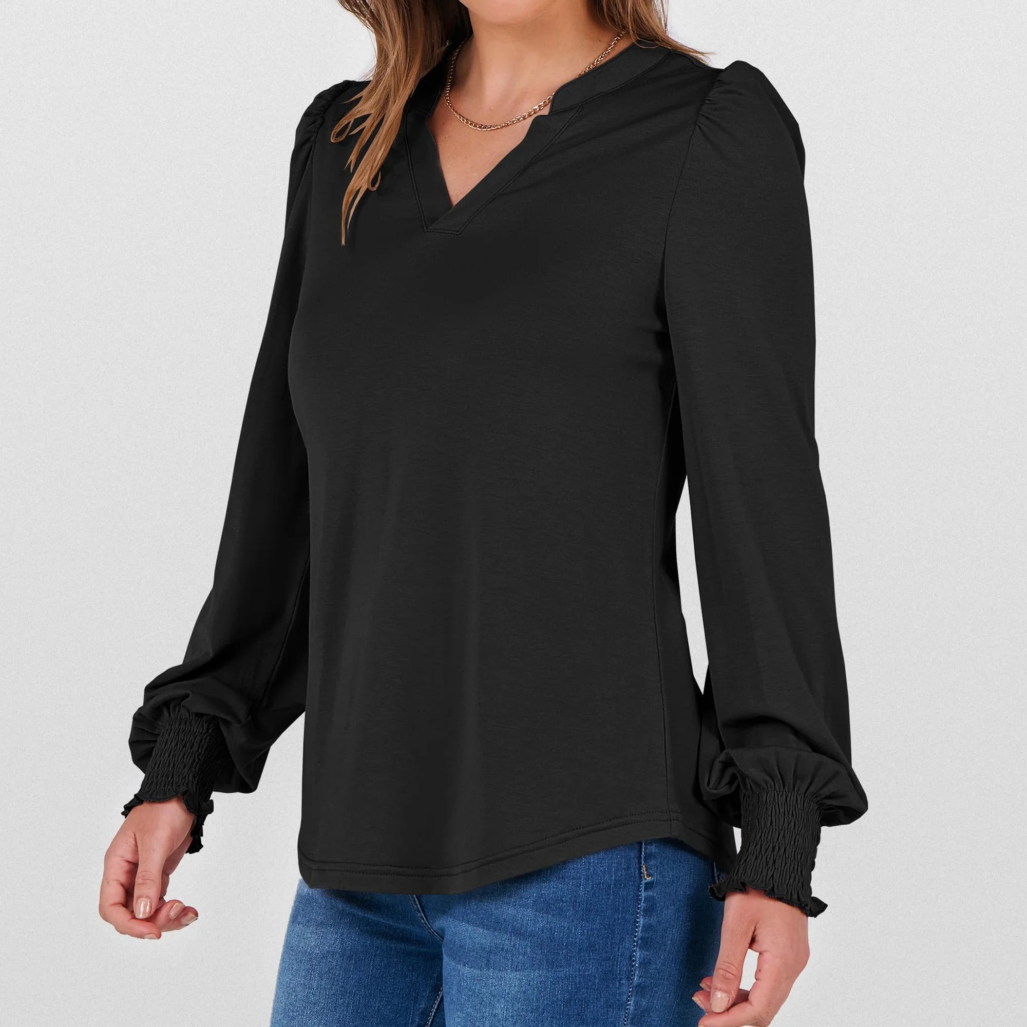 Womens Tops Fall Long Sleeve Shirts Business Casual V Neck Loose T-Shirts Dressy Work Tops with Smocked Cuffs