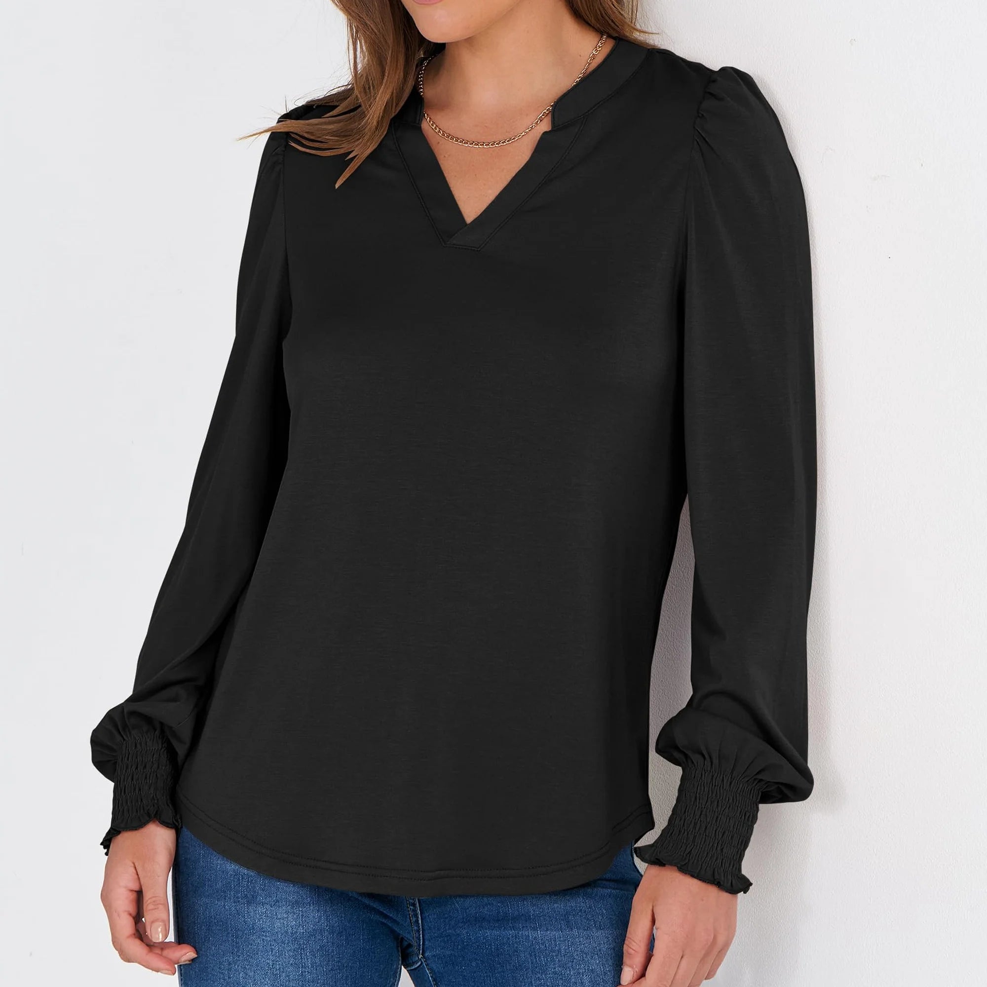 Womens Tops Fall Long Sleeve Shirts Business Casual V Neck Loose T-Shirts Dressy Work Tops with Smocked Cuffs