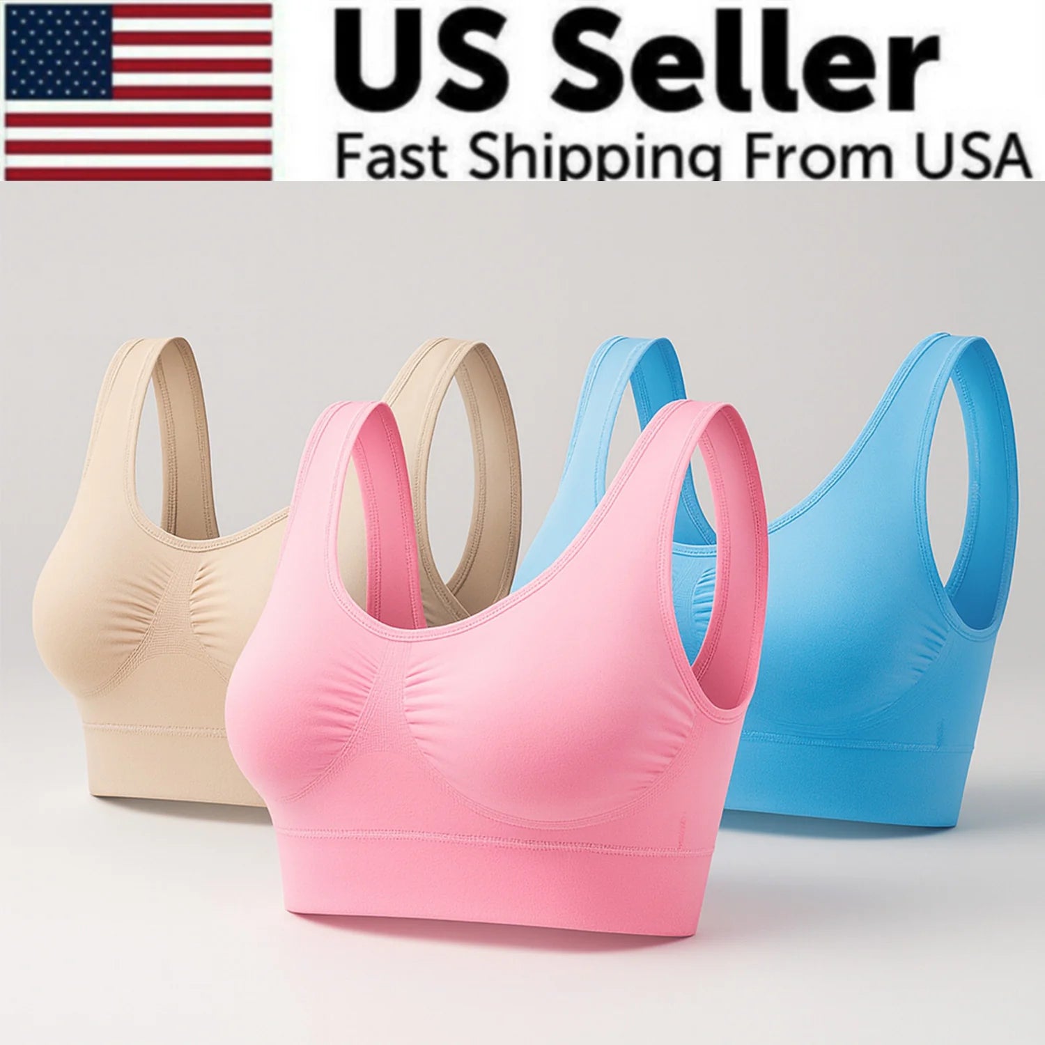 Sport Bras Seamless Wire-Free Light Support Tank Sports Yoga Sleep Bra 3 Pack US